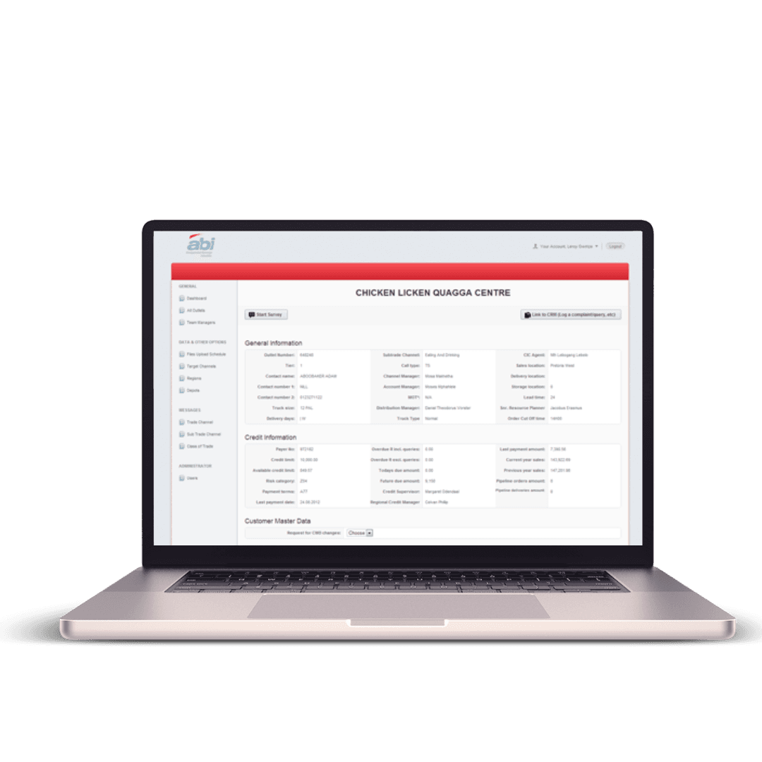 Dashboard view of the ABI call-centre CRM showing live case queues